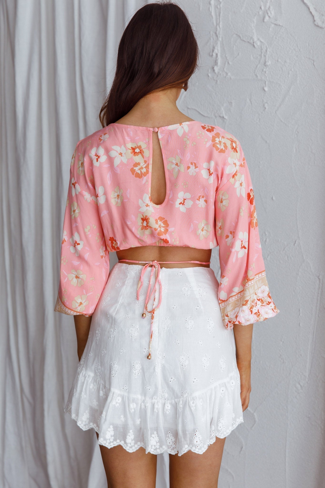 Sea View Long Sleeve Crop Top Floral Pink