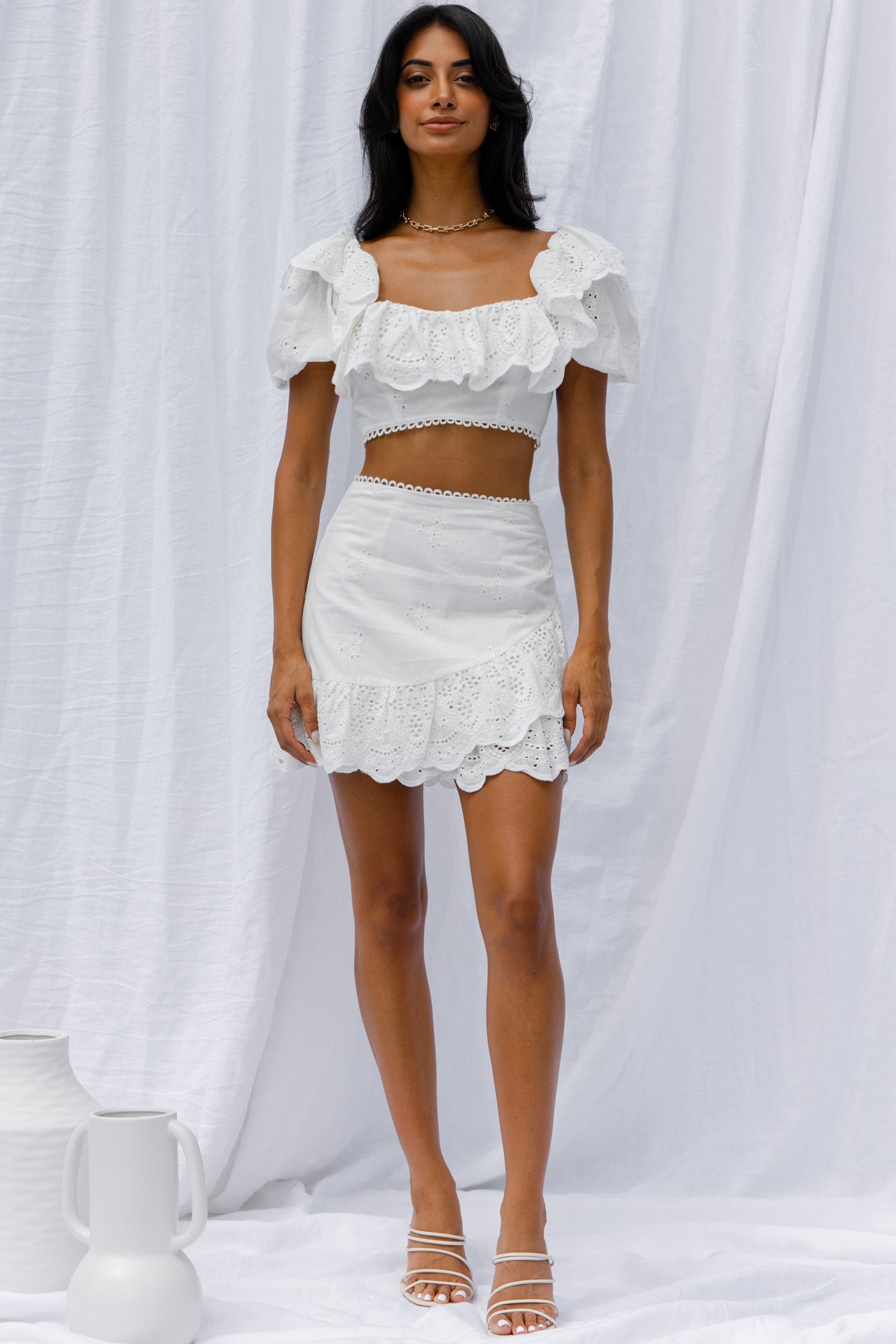 New Moon Scalloped Ruffle Trim Eyelet Skirt White