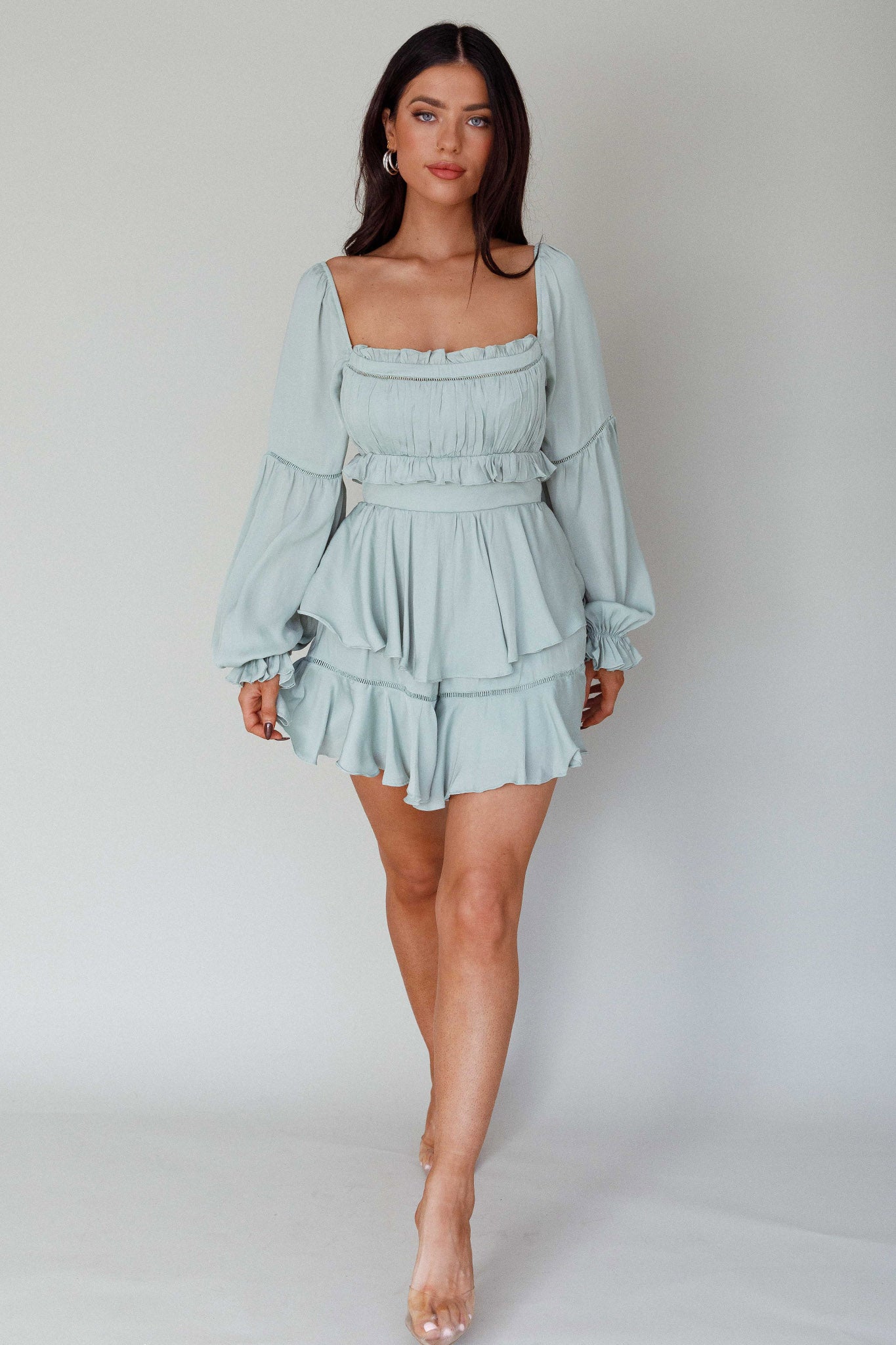 Alabama Long Sleeve Satin Romper Pistachio