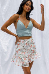 Versa Pintuck Pleat Ruffle Hem Skirt Floral Print White