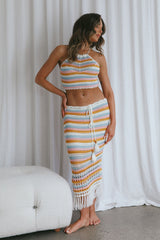 Soul Sister Fringe Hem Crochet Midi Skirt Blush