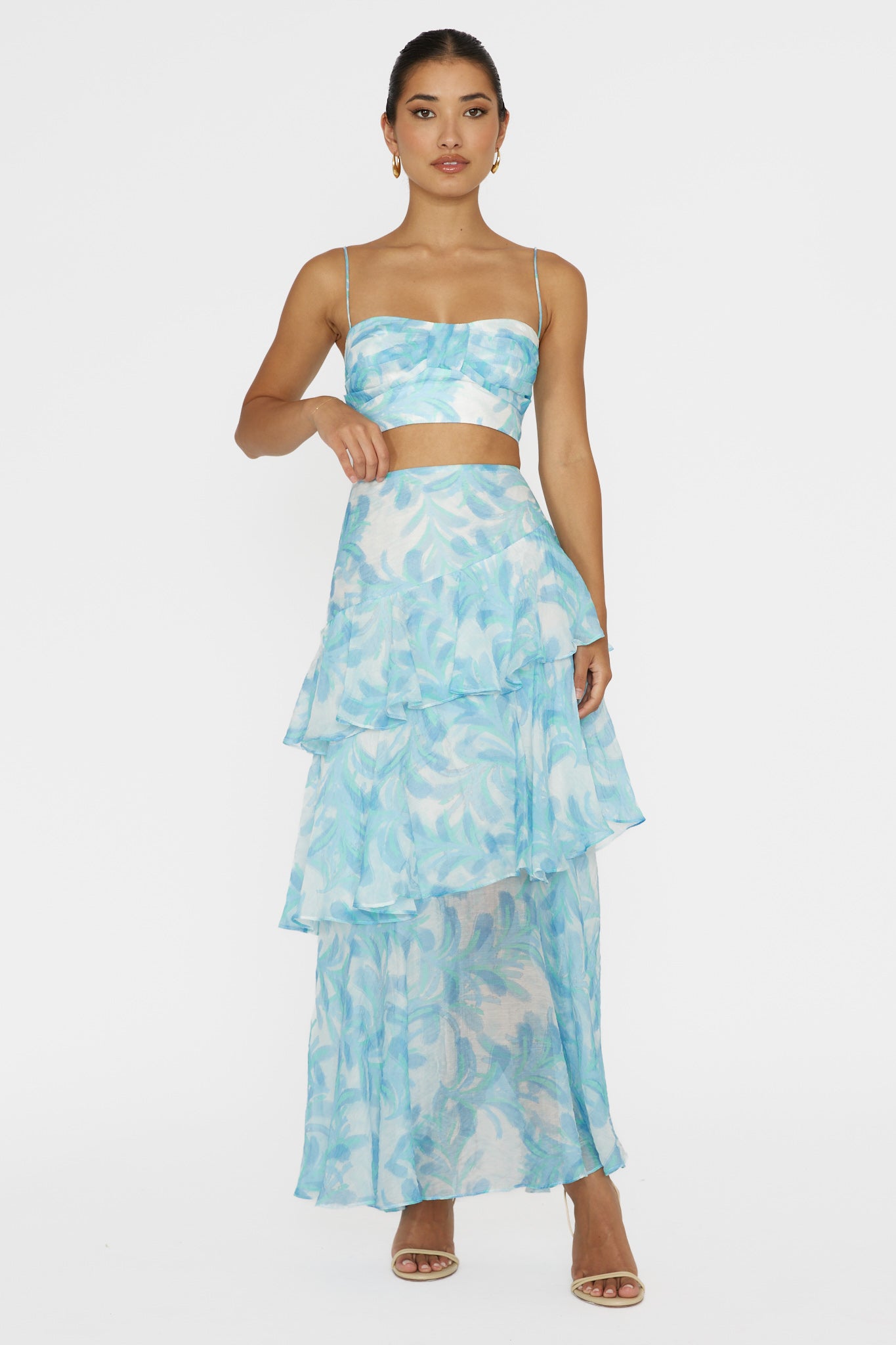 Veda Tiered Ruffle Maxi Skirt Floral Blue