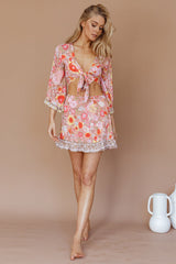 Island Girl Long Sleeve Tied Crop Top Floral Pink