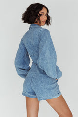 South Beach Long Sleeve Collared Romper Denim