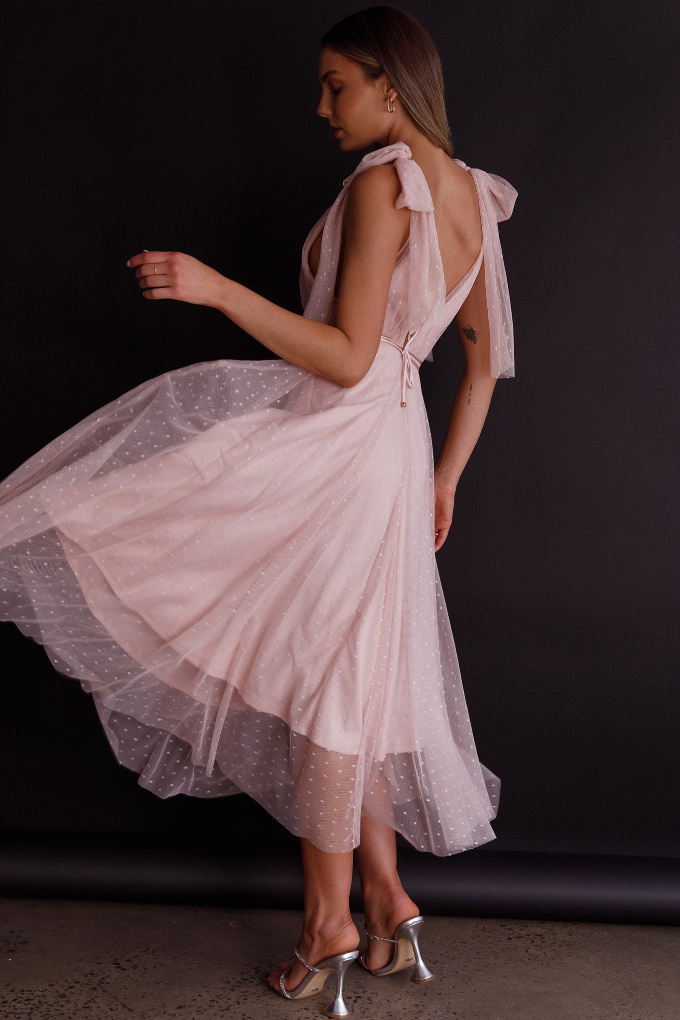 Kathryn Tied Shoulder Mesh Midi Dress Blush
