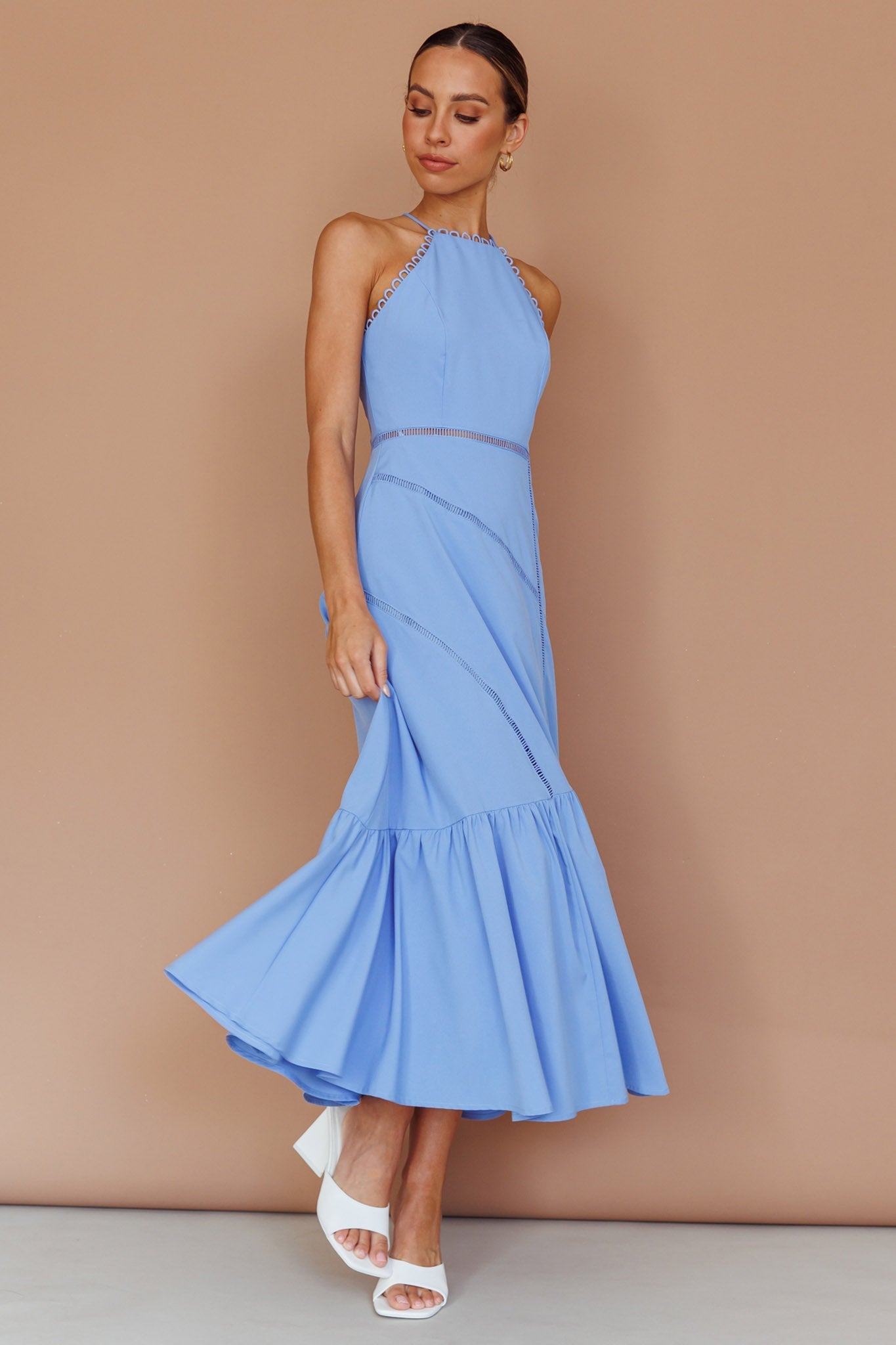Felini Criss-Cross Back Flounce Midi Dress Blue