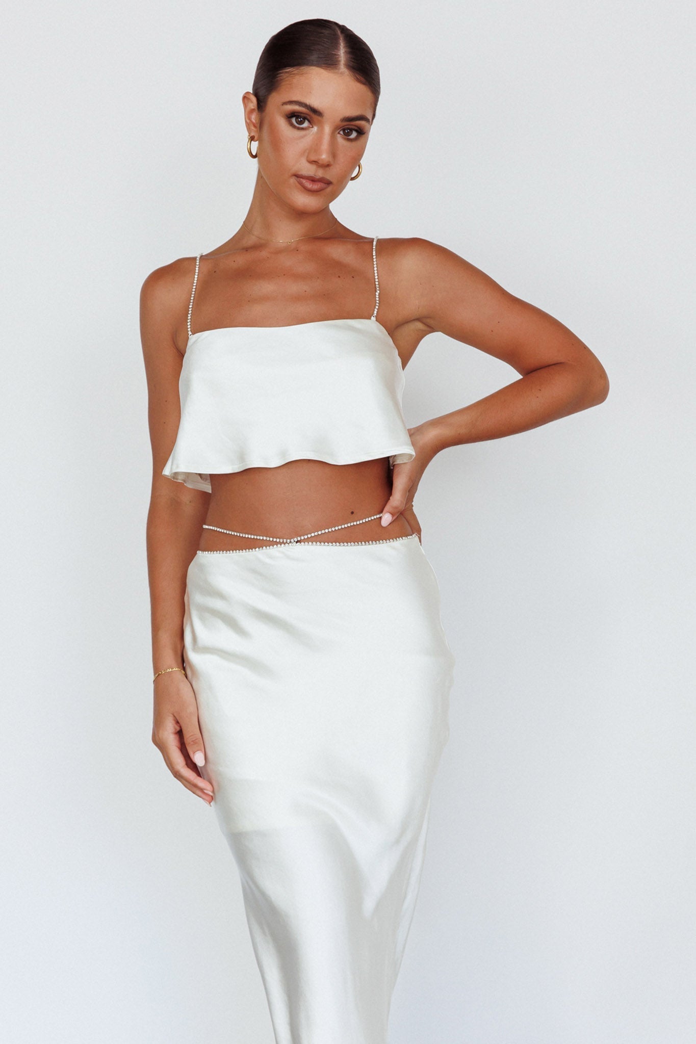 Tahni Diamante Chain Maxi Skirt Oyster