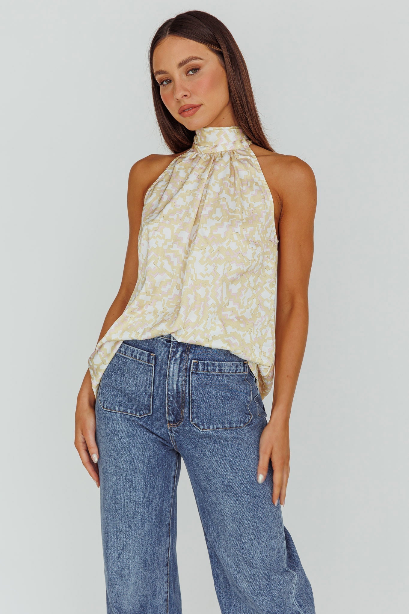 Calisto Sleeveless Tied Neck Top Geometric Yellow