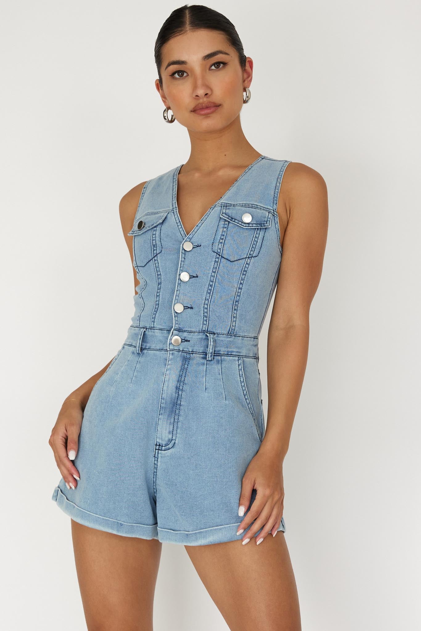 Jazelle Button Front Romper Denim
