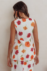 Philomena Button Front Pocket Vest Top Floral Orange Multi