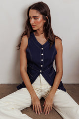 Philomena Button Front Pocket Vest Top Denim
