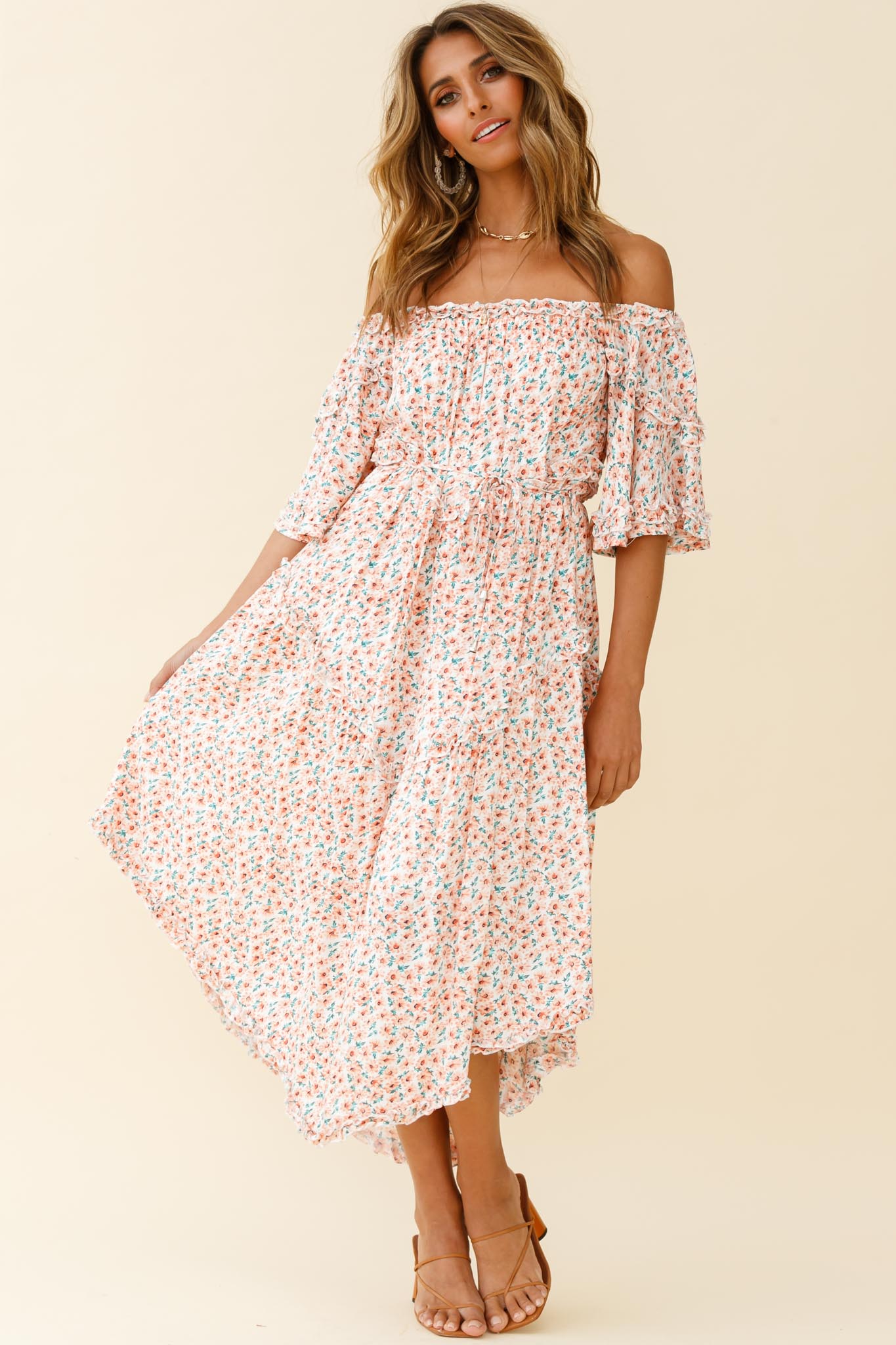 Renoir Off-Shoulder Frill Trim Dress Floral Print Pink