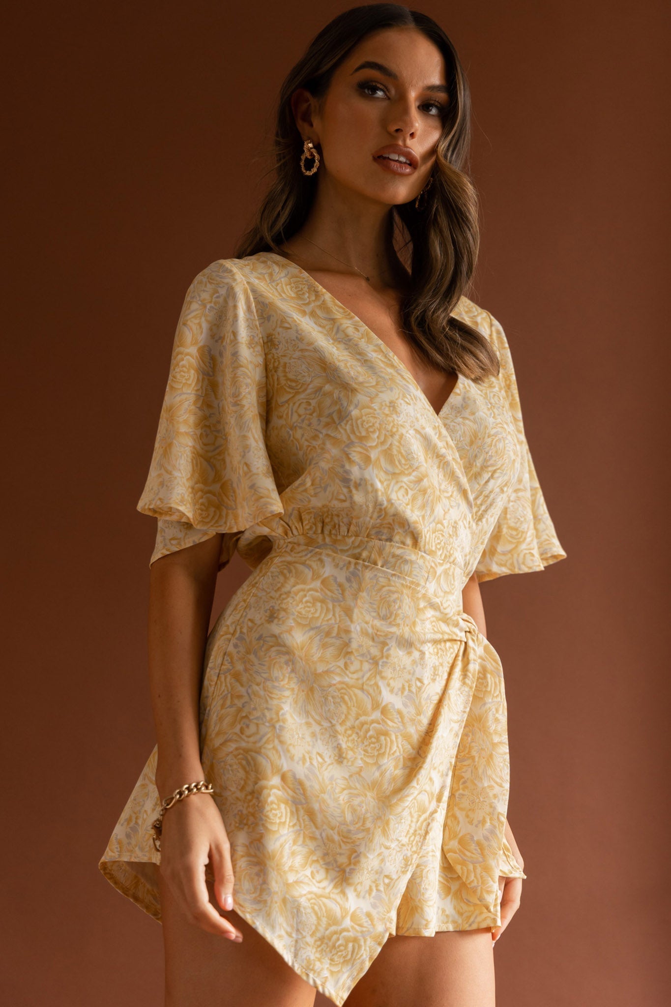 Nadi V-Neckline Wrap Romper Rose Flower Print Yellow