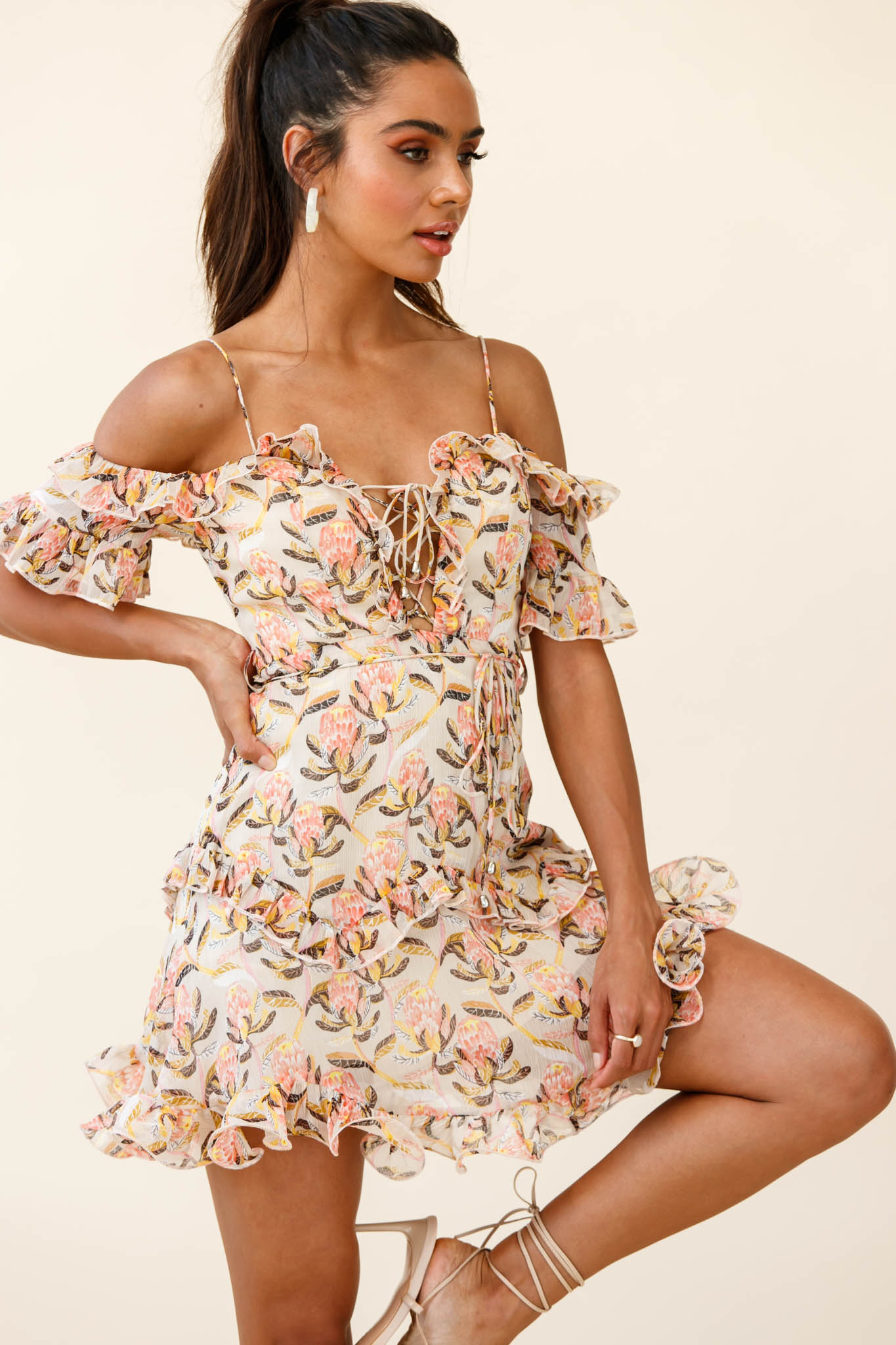 Maranda Bardot Lace-Up Bust Dress Banksia Print Dress Nude
