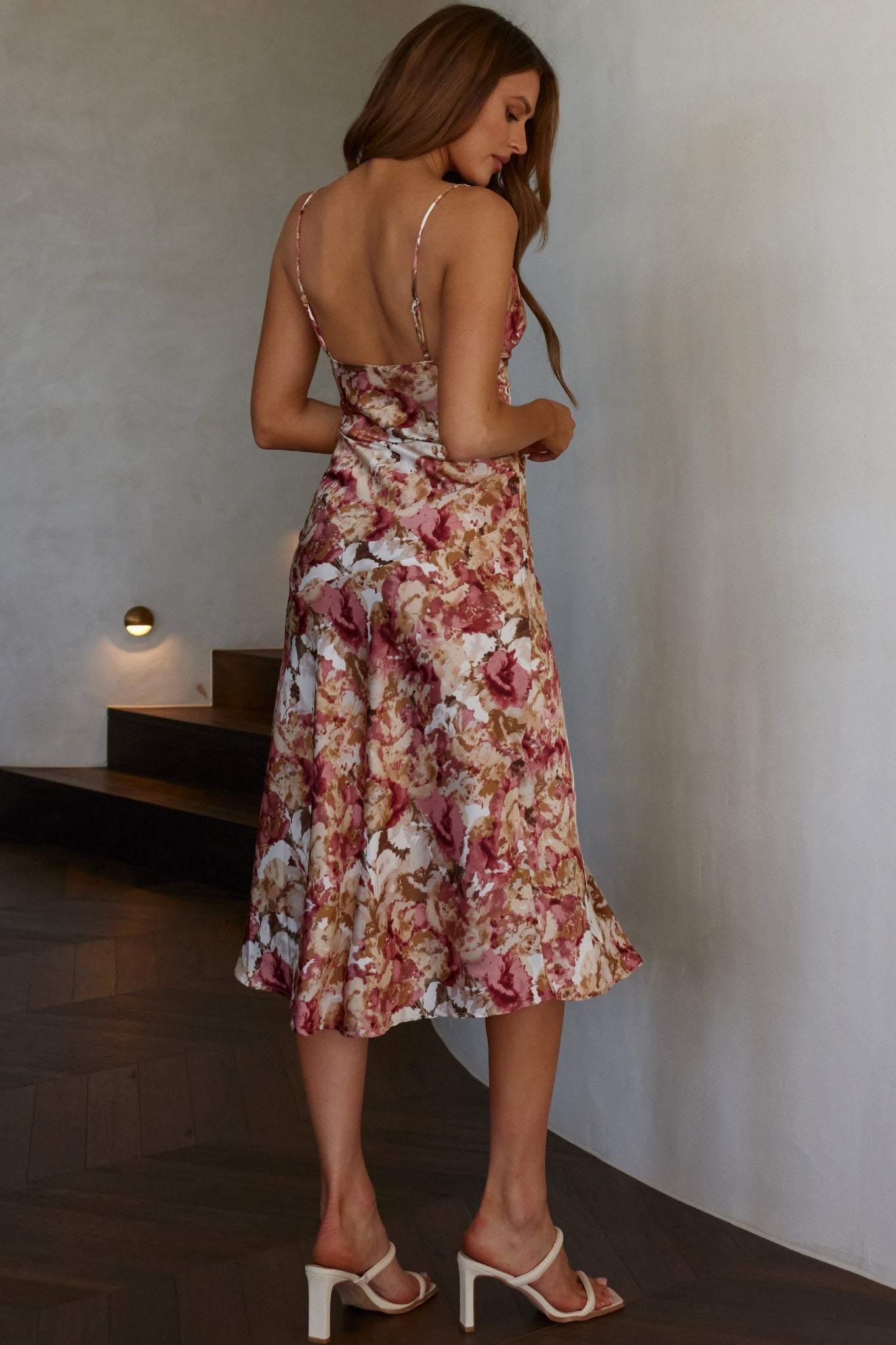 Downtown Cami Strap Front Split Midi Dress Abstract Rose