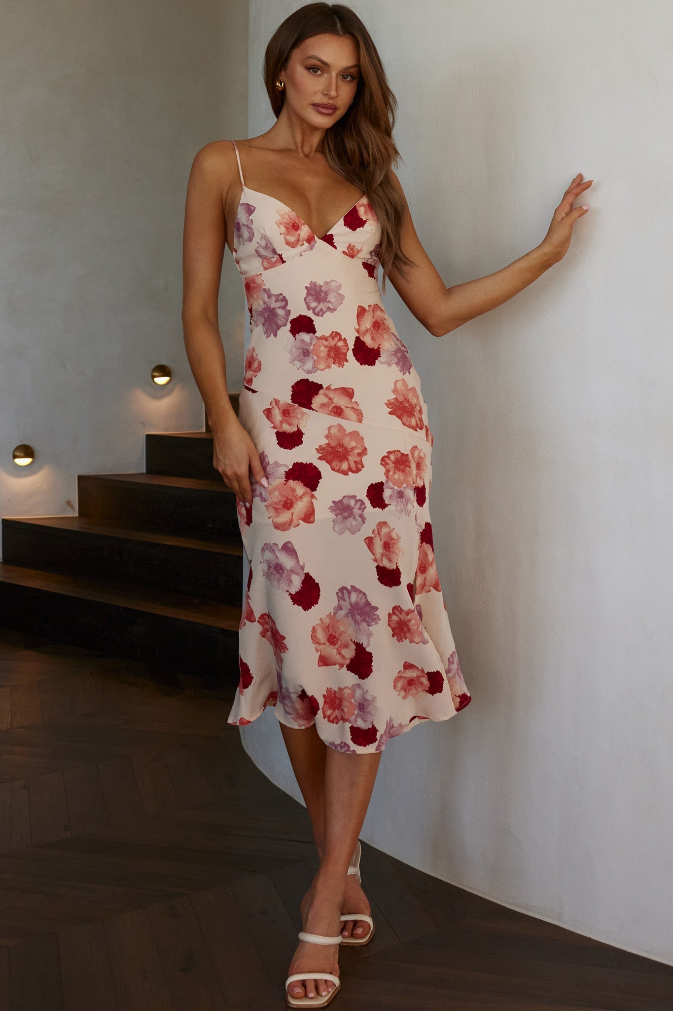 Downtown Cami Strap Front Split Midi Dress Flower Rose