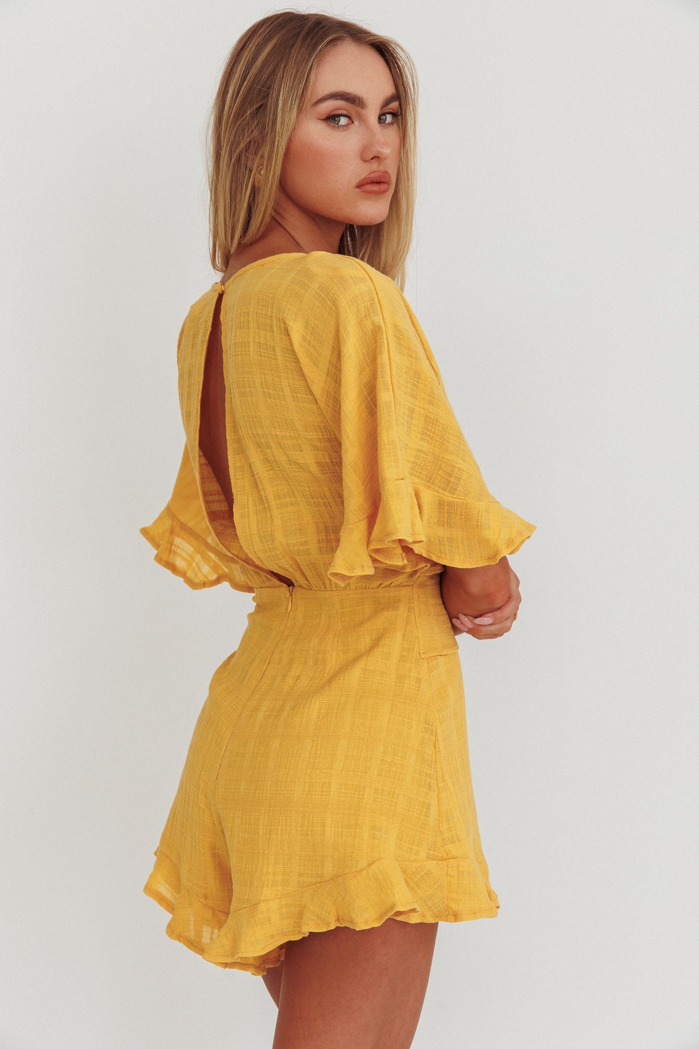 Karin Frill Trim Waist Tie Romper Mustard