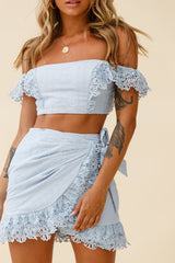 Sonnet Lace Trim Crop Top Steel Blue