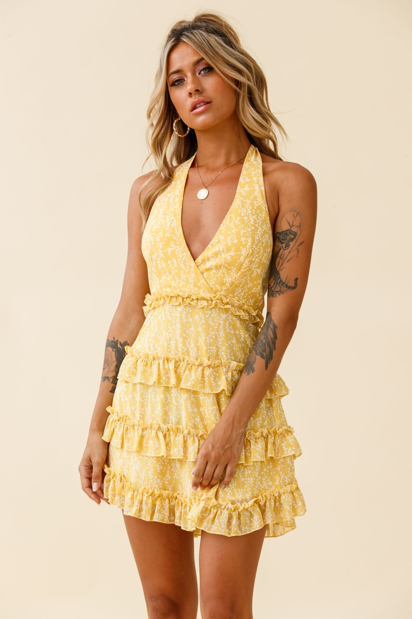 Venezuela Ruffle Trim Tie-Back Halterneck Dress Floral Print Yellow/White