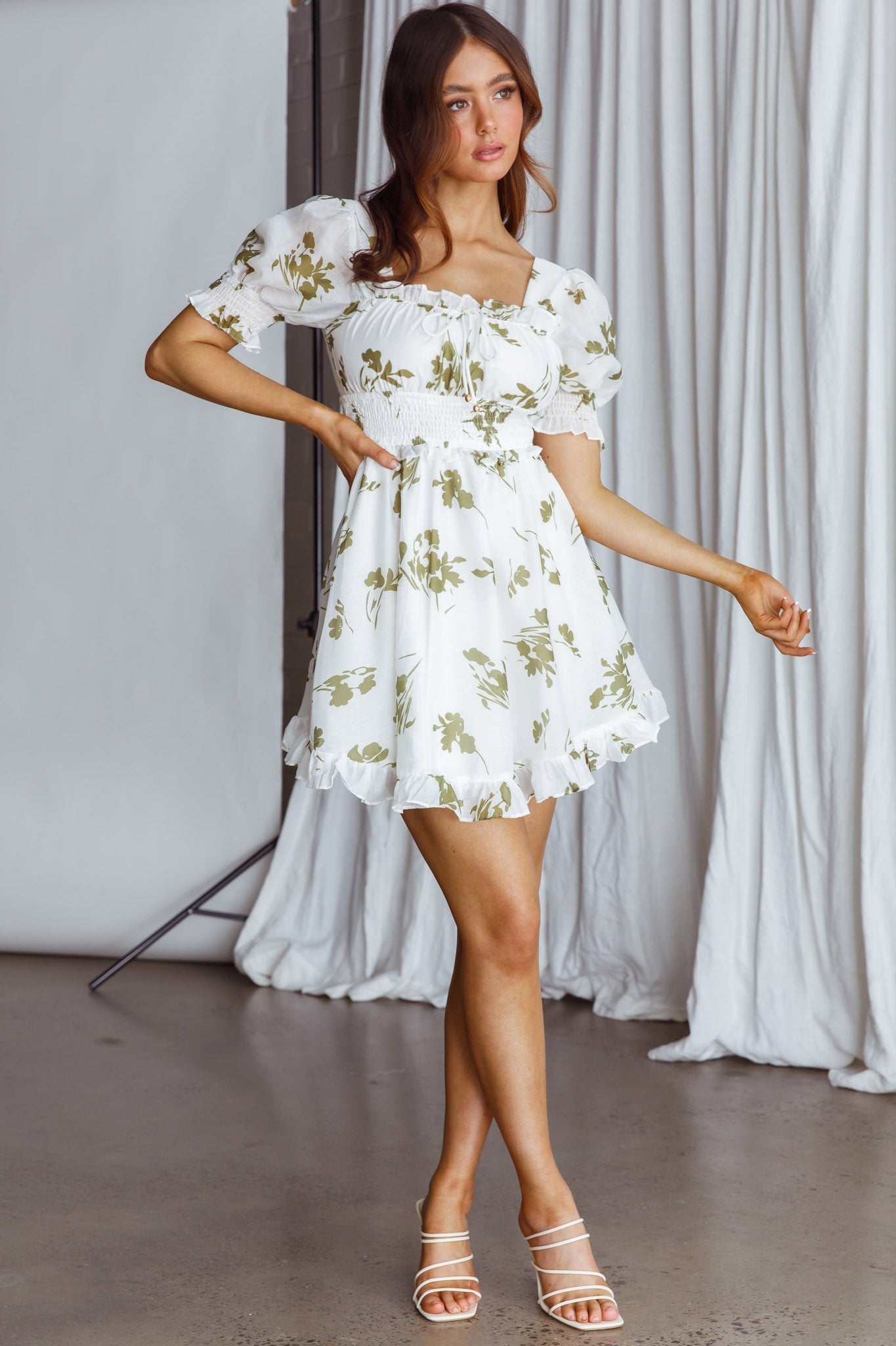 Summer In Paris Puff Sleeve Open Back Dress Floral Olive