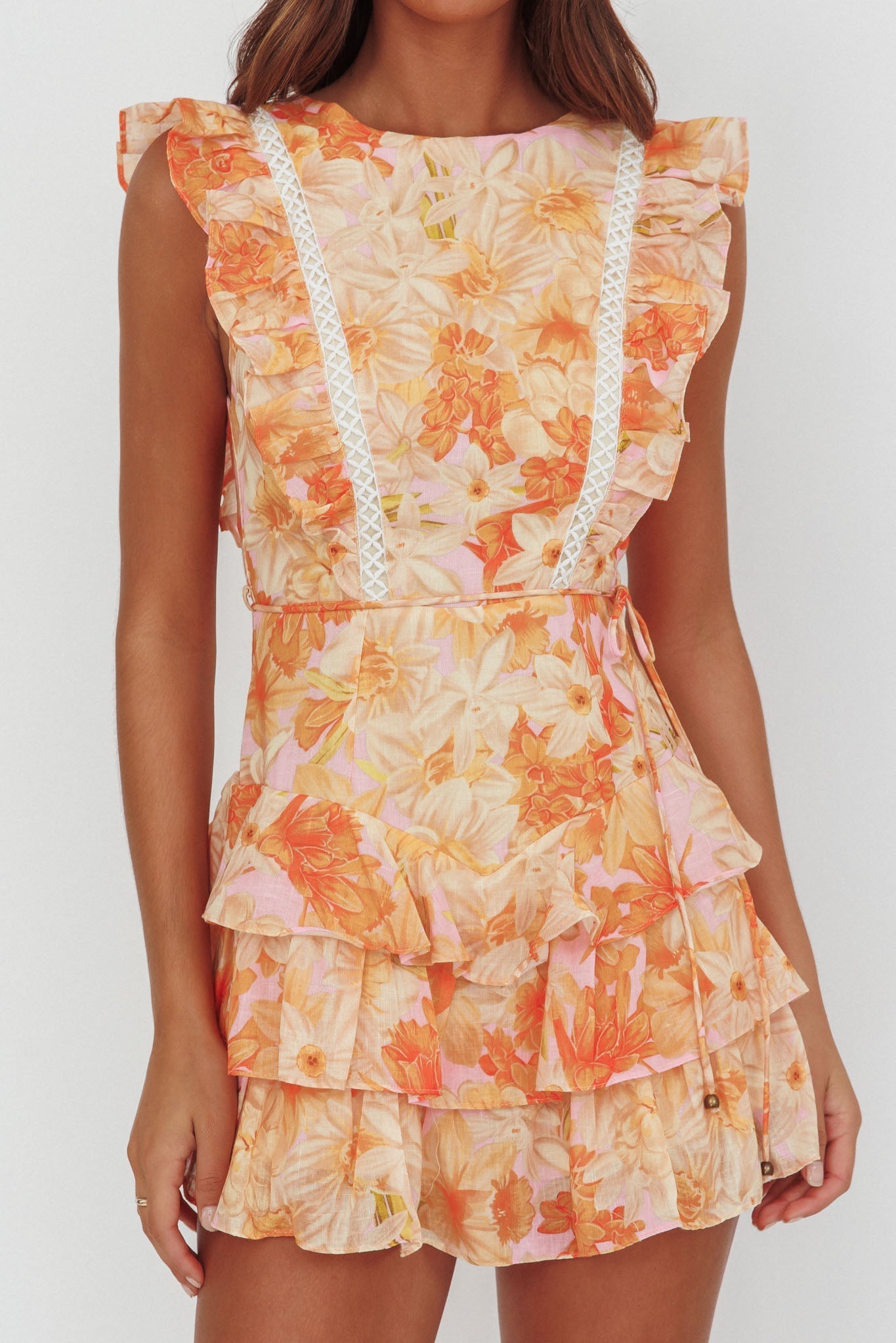 Weekend Muse Sleeveless Layered Frill Romper Flowers Yellow