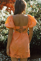 Lovers Lane Lace Trim Puff Sleeve Dress Neon Orange