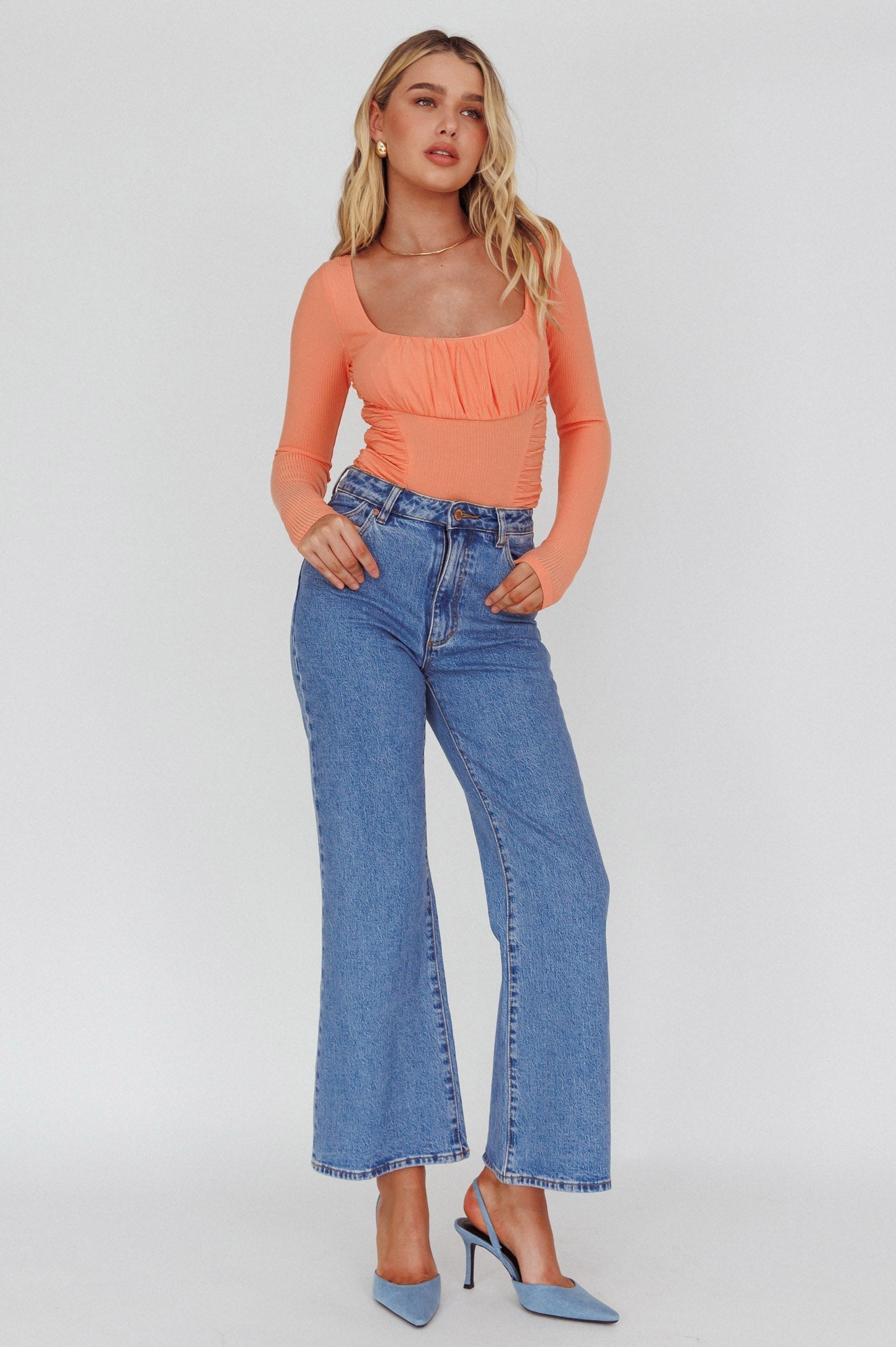 Bobbi Long Sleeve Ruched Side Ribbed Bodysuit Orange