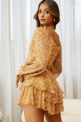 True Love Long Balloon Sleeve Layered Flounce Romper Floral Print Mustard