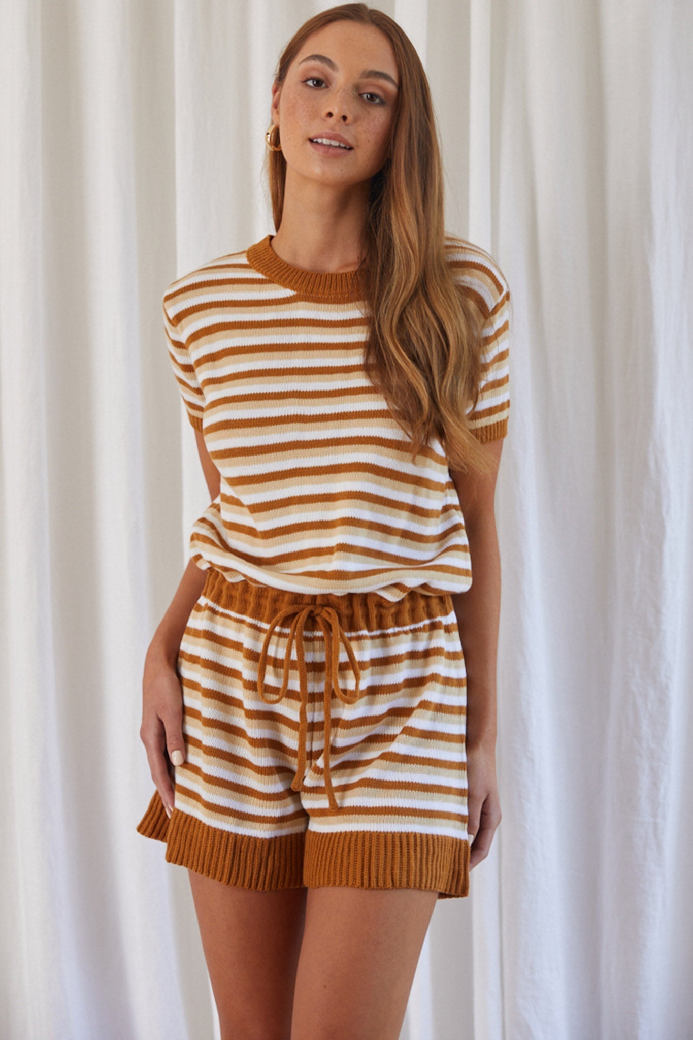 Johana Drawstring Romper Striped Camel