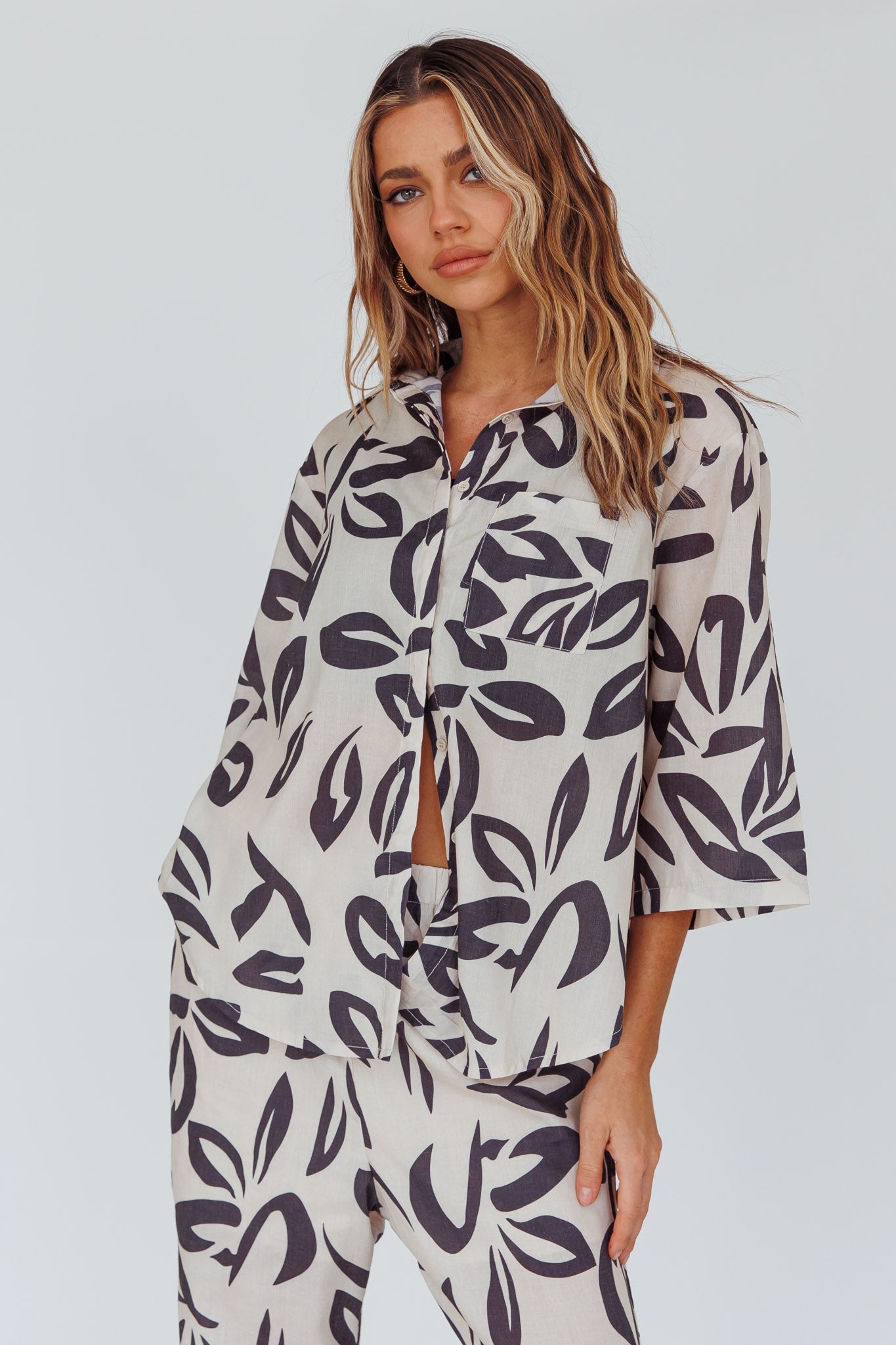 Just A Hunch Button Shirt Leaf Print Beige