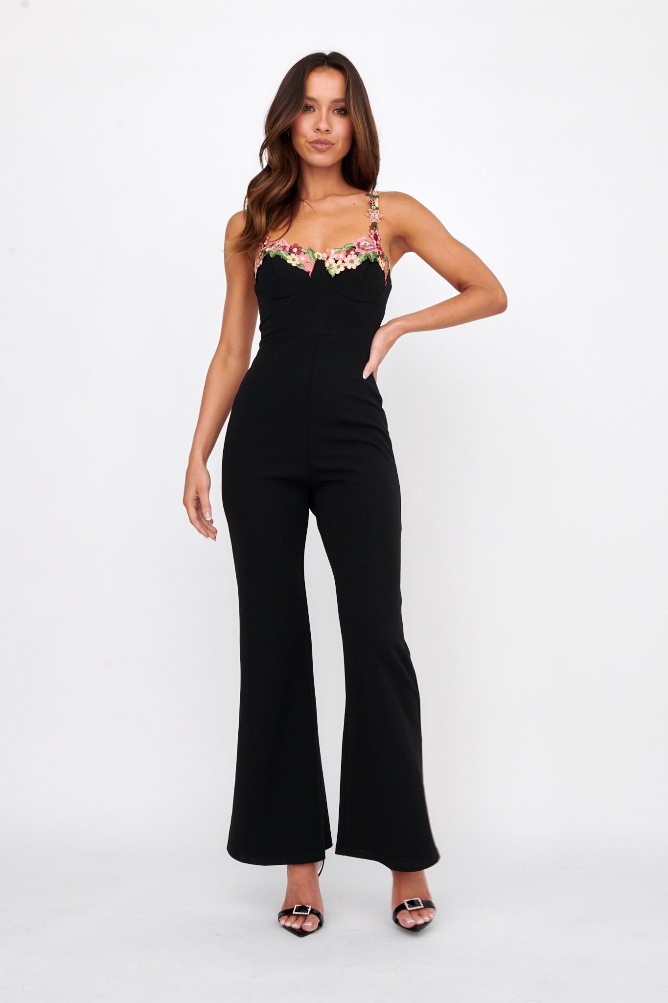 Rose Garden Floral Applique Jumpsuit Black