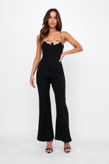 Rose Garden Floral Applique Jumpsuit Black