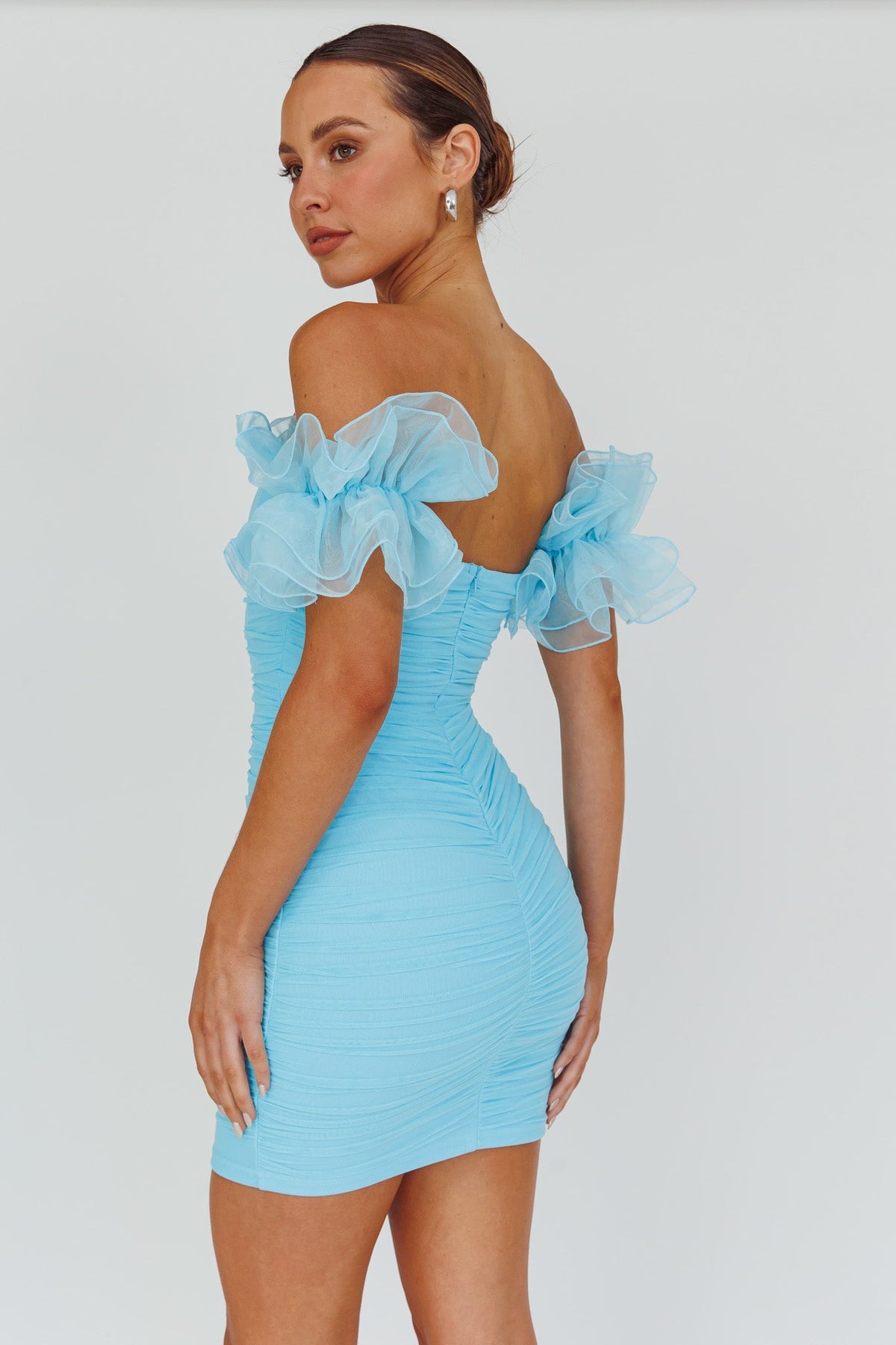 Star Dust Off-Shoulder Frill Sleeve Mini Dress Baby Blue
