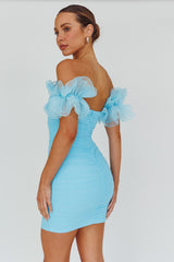 Star Dust Off-Shoulder Frill Sleeve Mini Dress Baby Blue