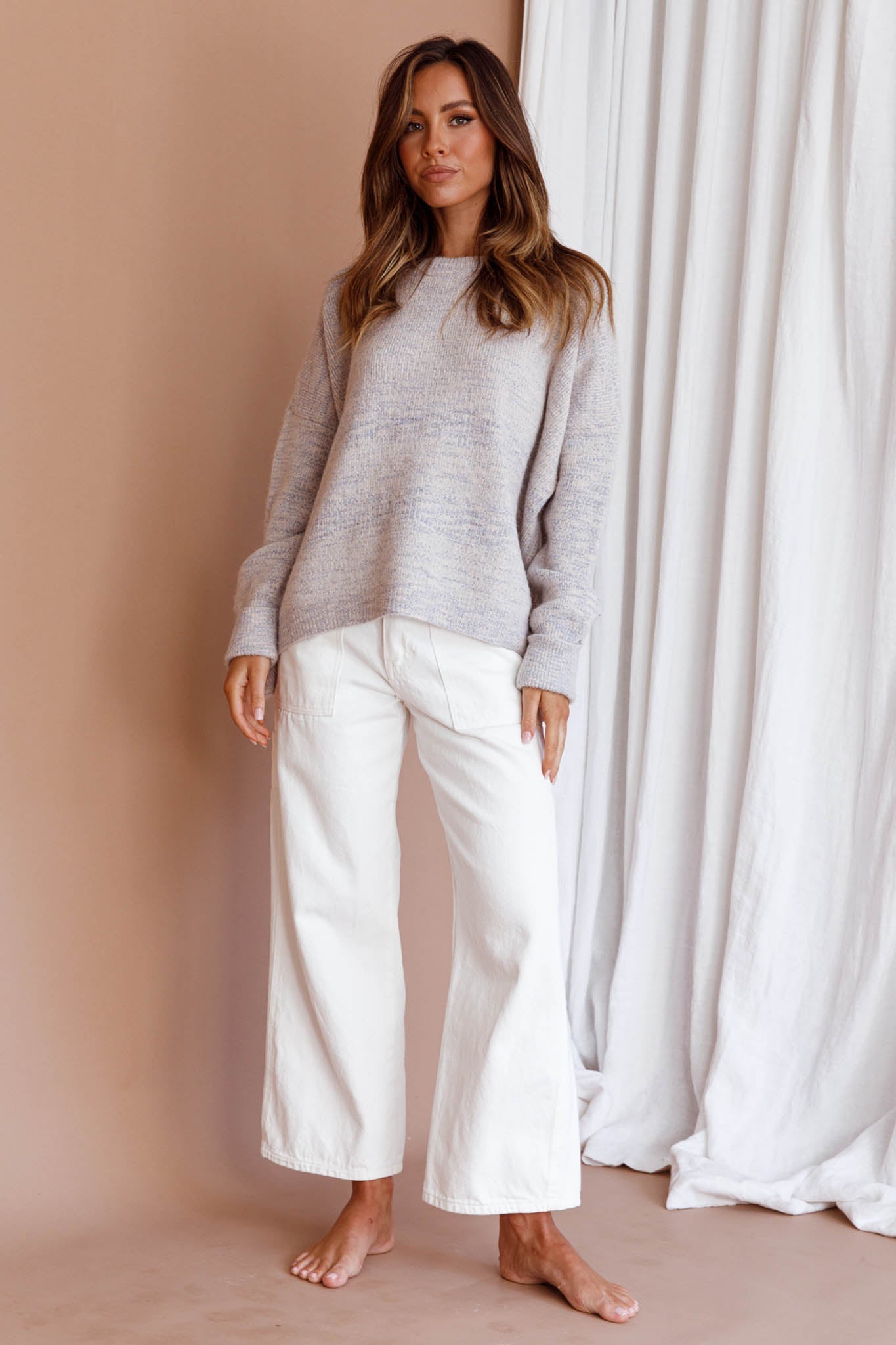 Kayce Dropped Shoulder Knit Sweater Grey