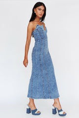 Horizon Strapless Wavy Neckline Midi Denim Blue