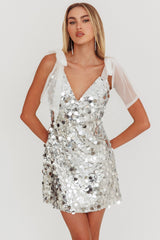 Mykonos Morning Tied Shoulder Sequin Mini Dress Silver