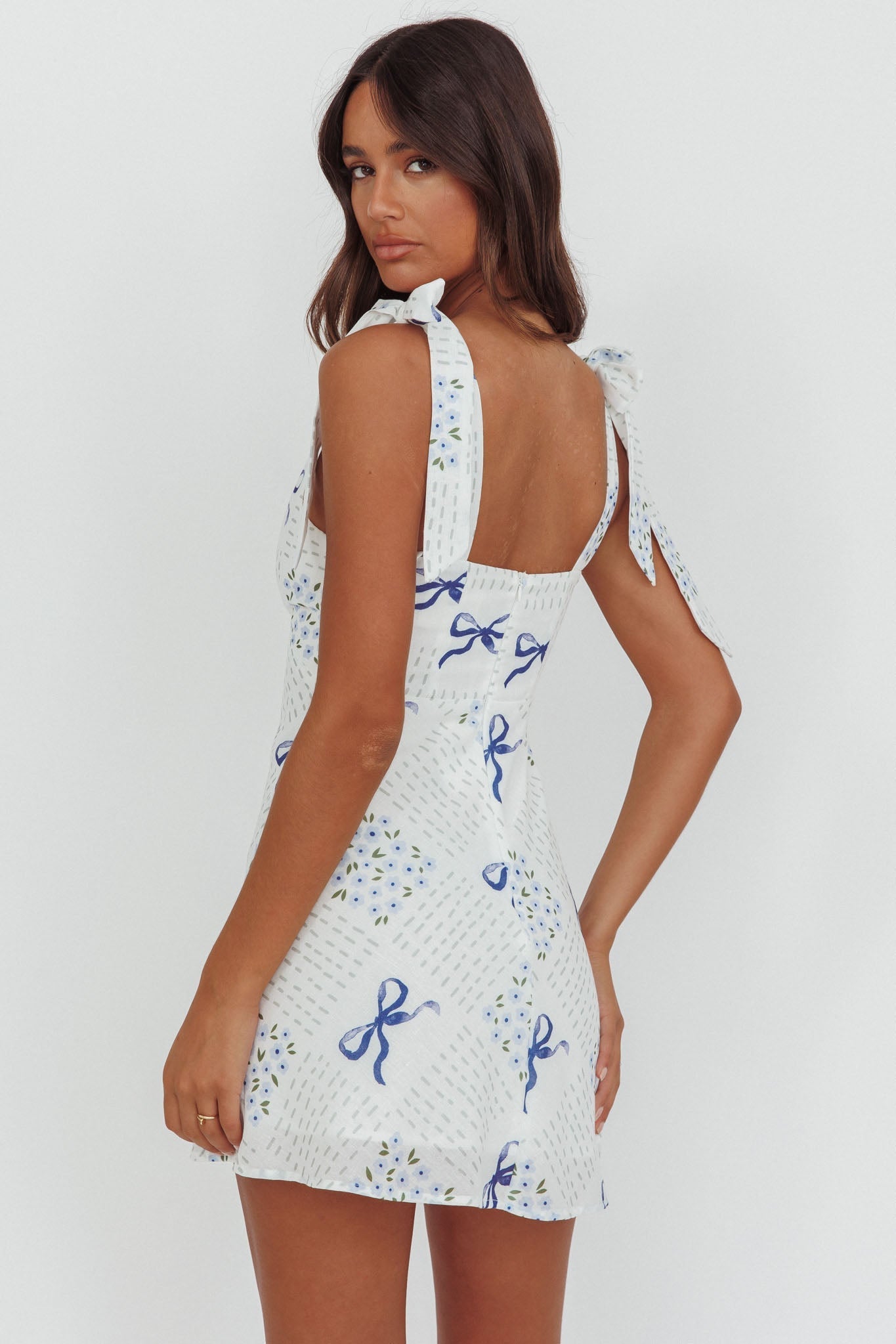Mykonos Morning Tied Shoulder Mini Dress Bows Blue