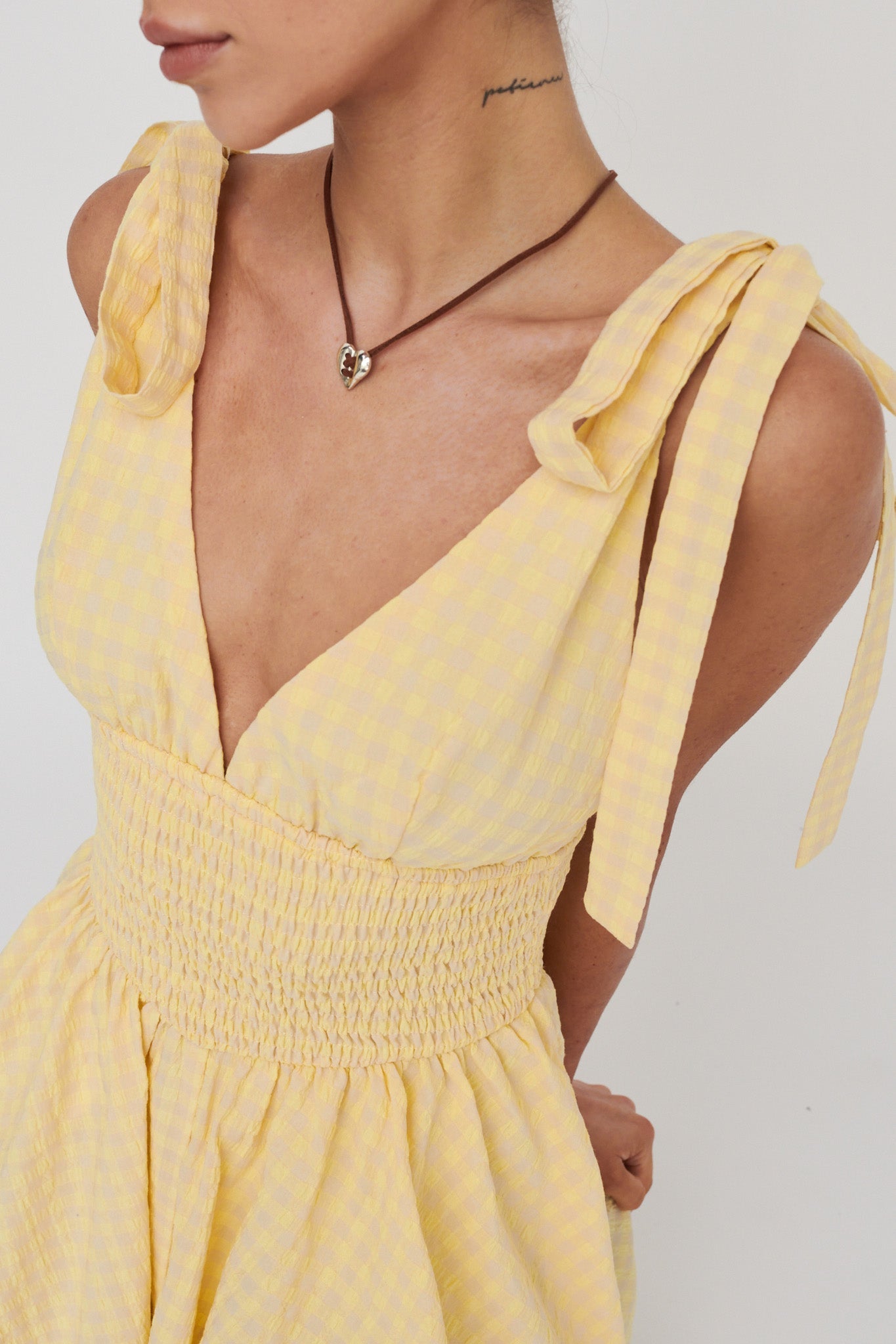 Lido Tied Shoulder Shirred Romper Lemon