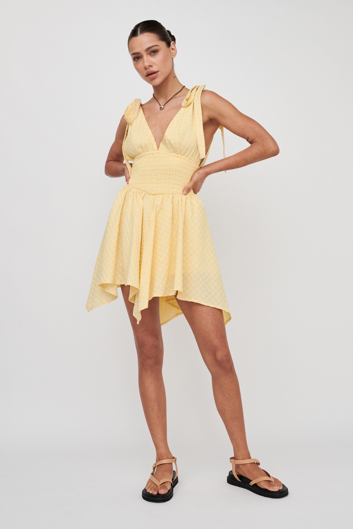 Lido Tied Shoulder Shirred Romper Lemon