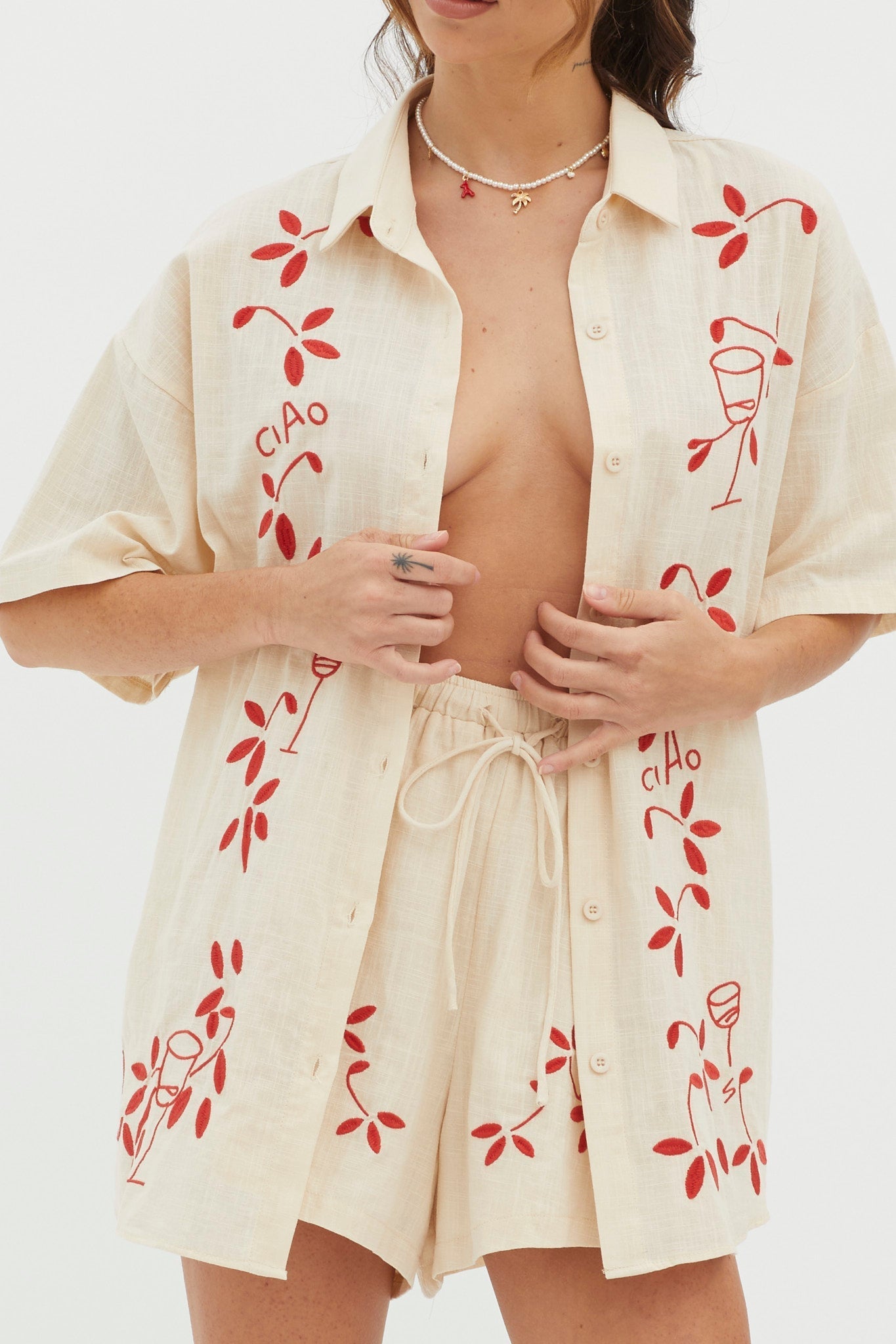 Ciao Ciao Embroidered Button-Up Shirt Oat