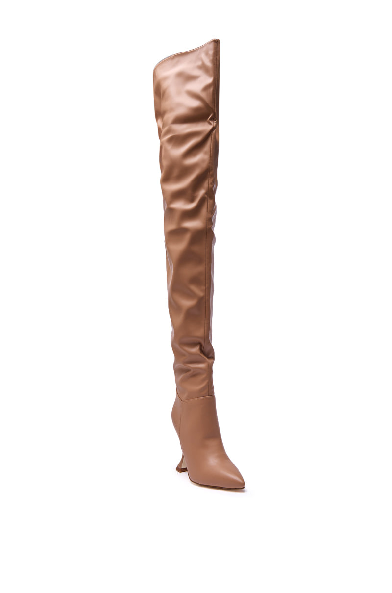AZALEA WANG STEPHAN BEIGE PU FLARED HEEL RUCHED BOOT
