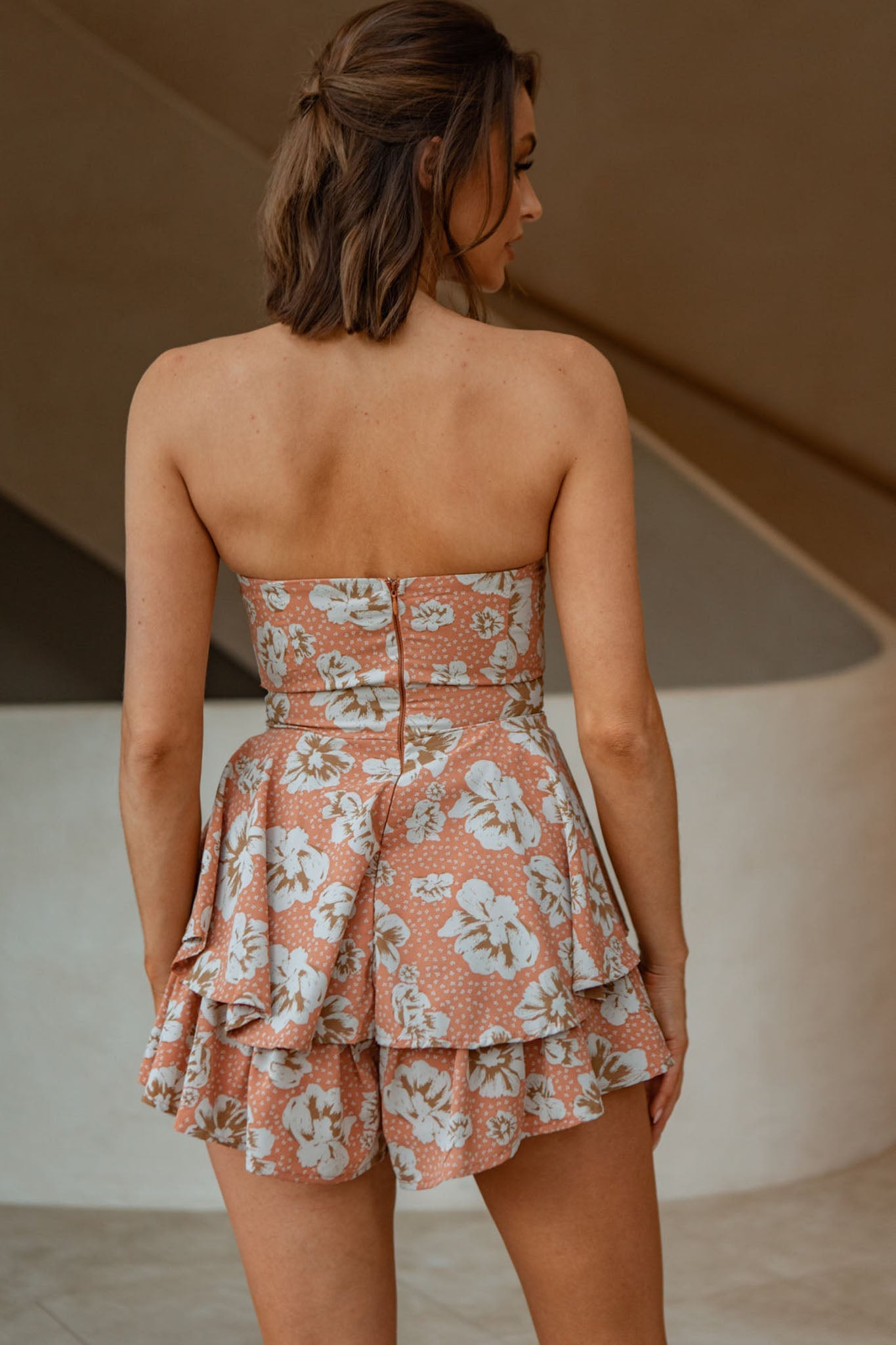 Maddox Fit & Flare Bandeau Romper Flower Print Rust