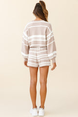 Carlo Drawstring Waist Shorts Striped Pattern Mocha