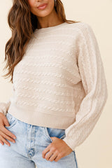 Uncomplicated Crew Neck Horizontal Cable Knit Sweater Beige