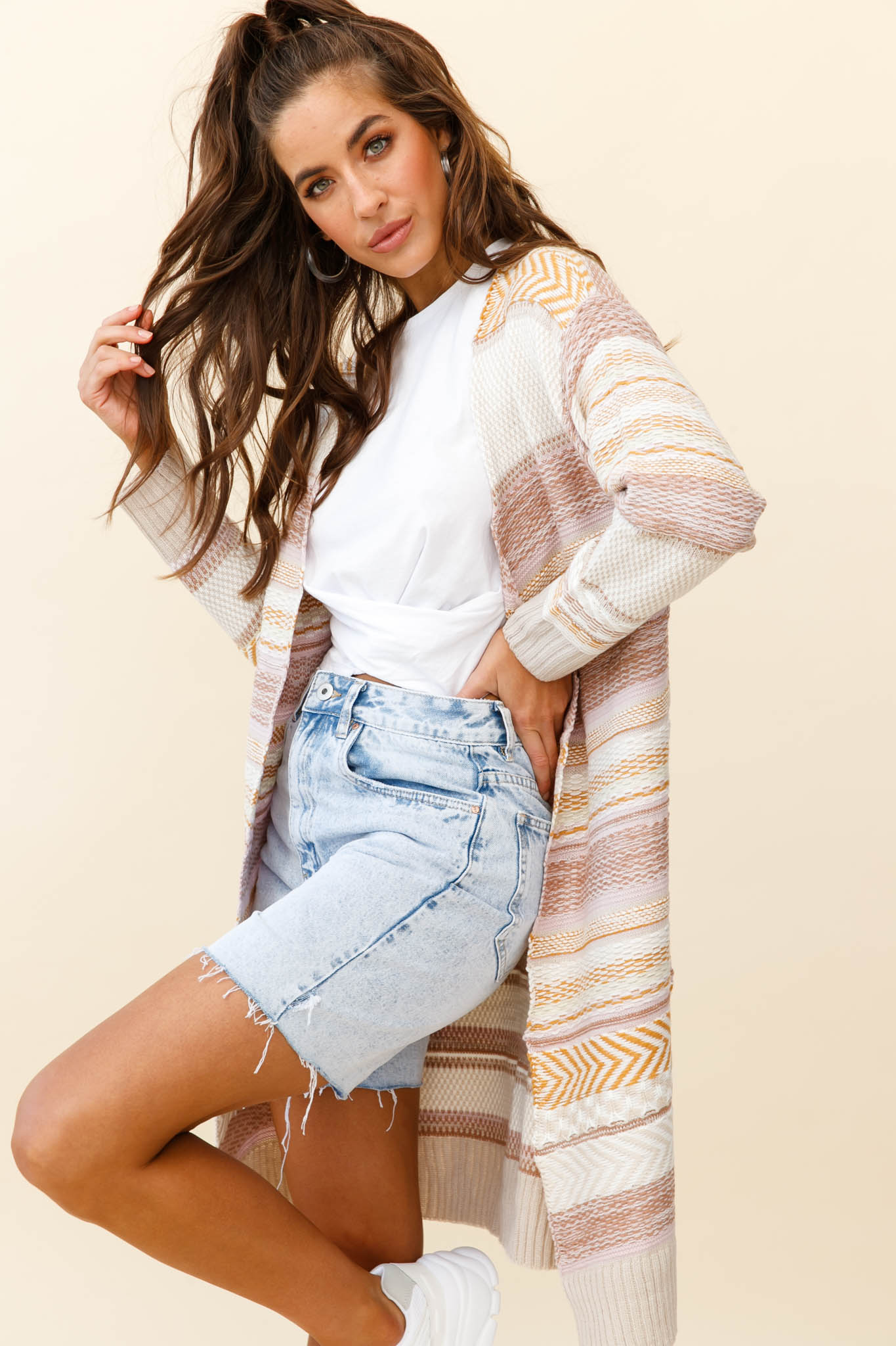 Sabine Long Line Textured Knit Cardigan Beige