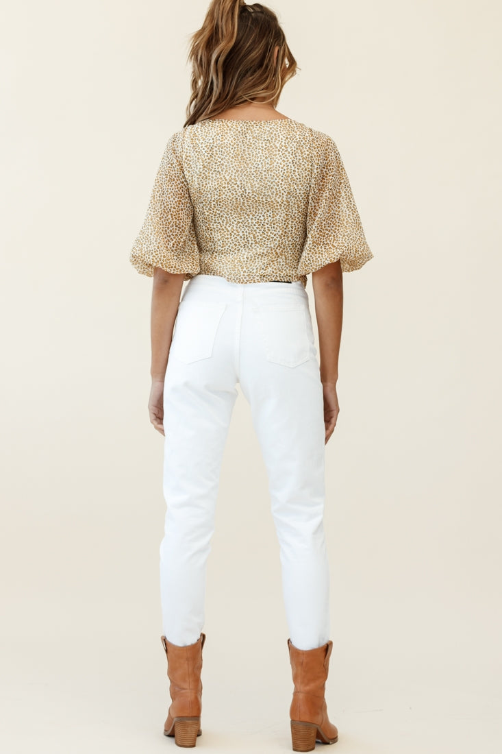 Taz Puff Sleeve Tie Front Top Leopard Print Mustard