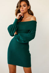 Runaway Off Shoulder Balloon Sleeve Knit Dress Forest Green