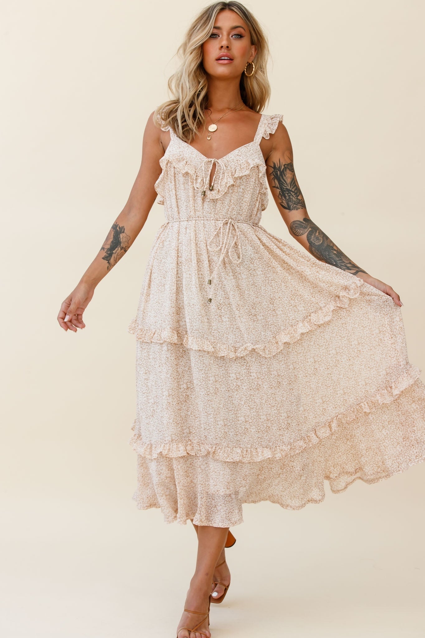 Priscilla Frill Detail Maxi Dress Floral Print Beige