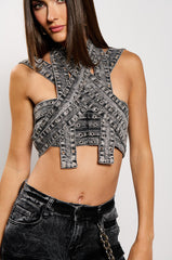 DONITA DENIM HALTER NECK CROP TOP